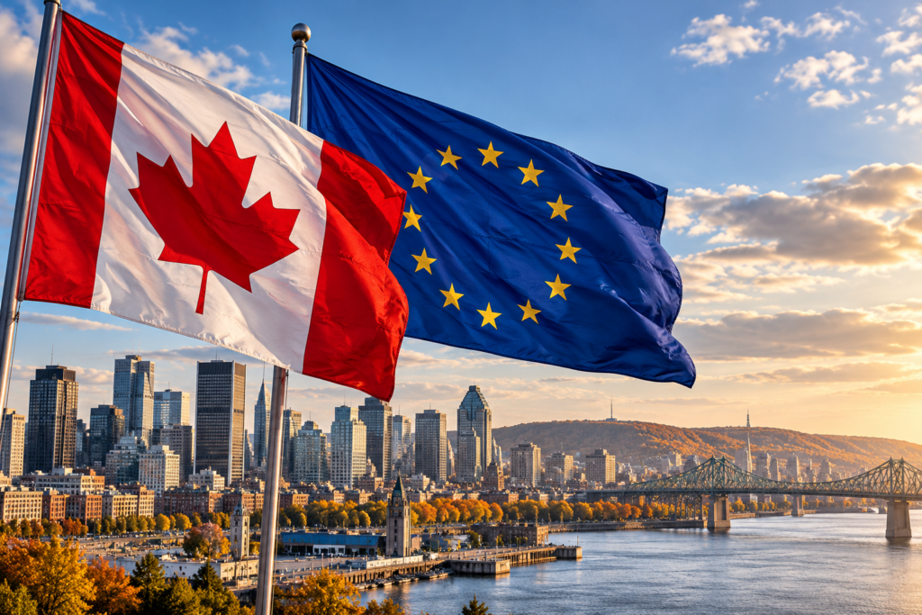 Canadisk og europæisk flag over byens skyline