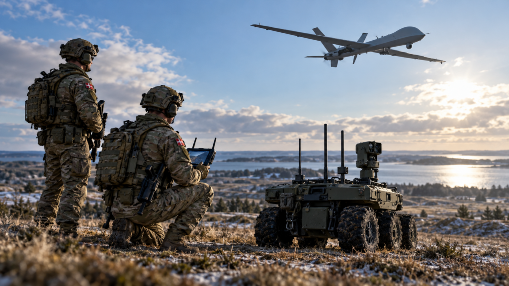 Soldater overvåger drone i landskab.