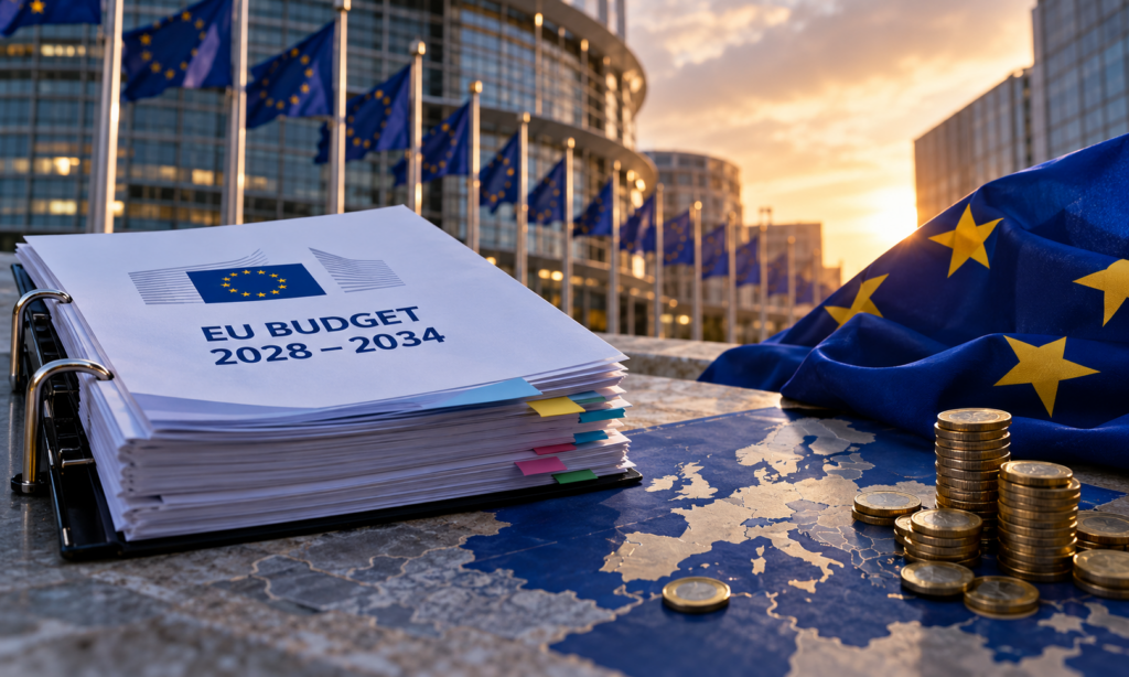 EU-budget og mønter ved solnedgang