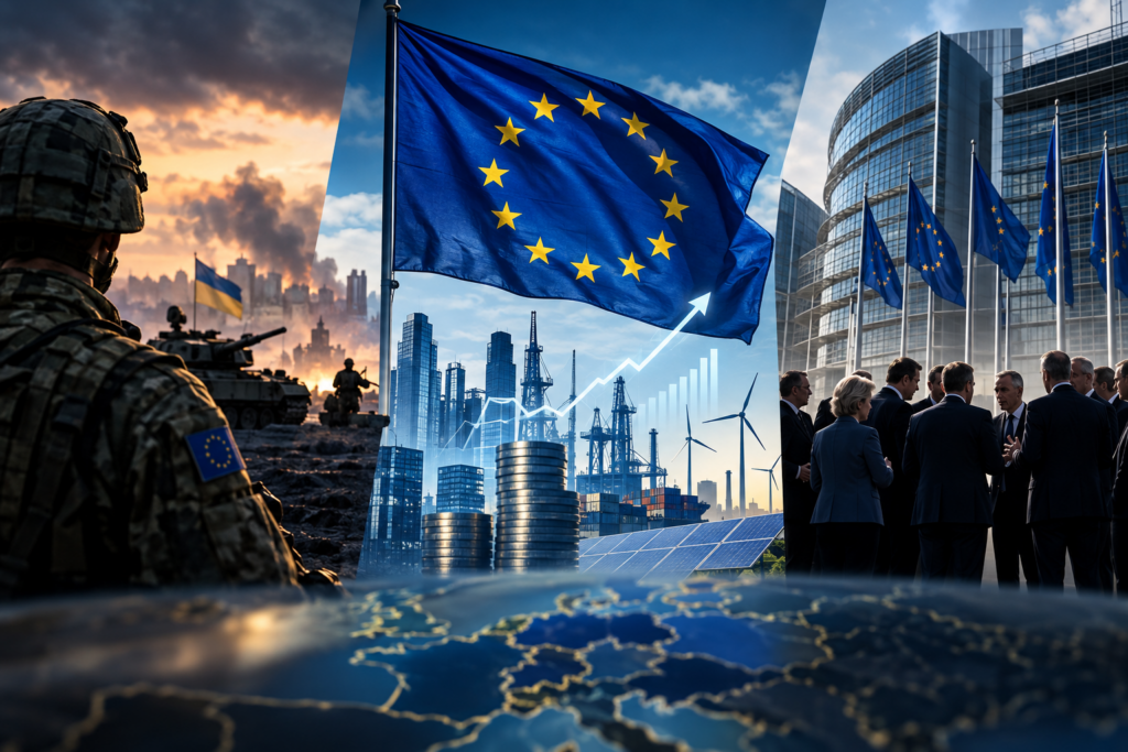 EU-flag, industri, krig, samarbejde